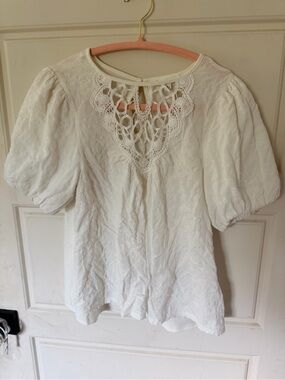Love and Promises White Crochet-Yoke Puff Sleeve Top